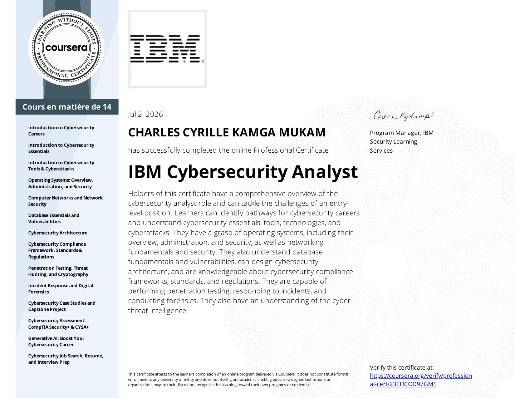 Badge officiel IBM Cybersecurity Analyst Professional Certificate